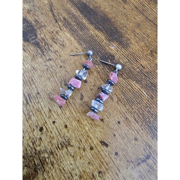 Vintage 1990s Stacked Stone Dangle Earrings Silver Pink White - Picture 2 of 3